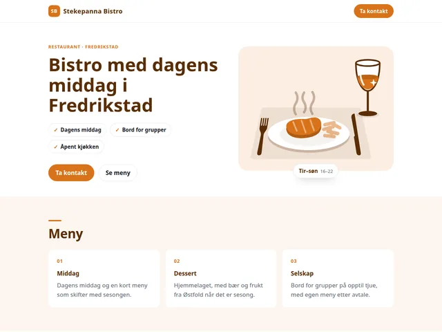 Eksempelside for en oppdiktet restaurant: Stekepanna Bistro